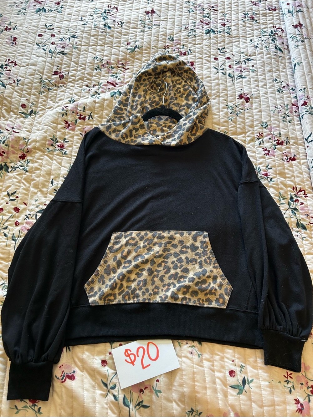 Women's Black Crewneck Hoodie with Leopard Print Accents